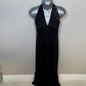 XOXO Black One-Shoulder Halter Maxi Dress with Beaded Shoulder Detail